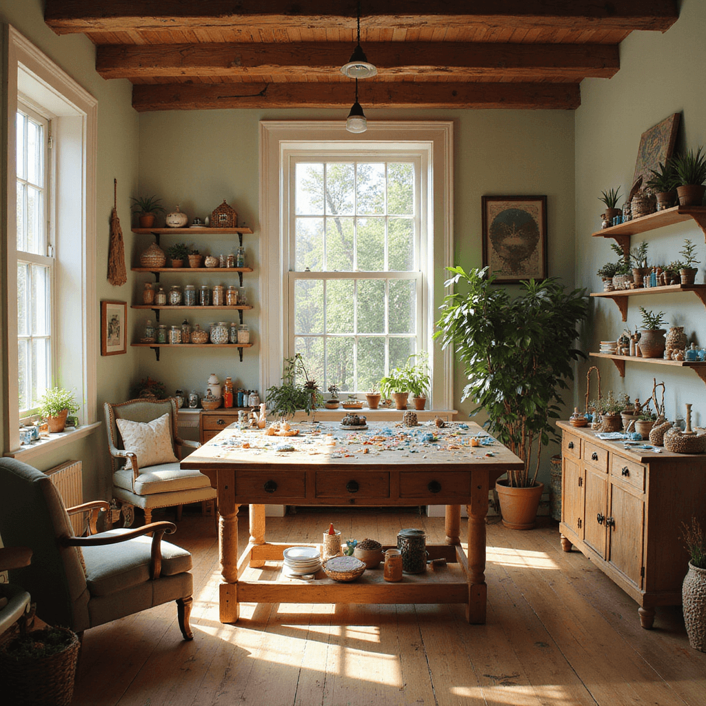 A cozy craft room with large bay windows letting in warm afternoon sunlight, featuring a farmhouse table covered in colorful air-dry clay and sculpting tools, shelves filled with jars of glitter and paints, and a comfortable armchair in a soft pastel color palette with bright fairy-inspired accents.