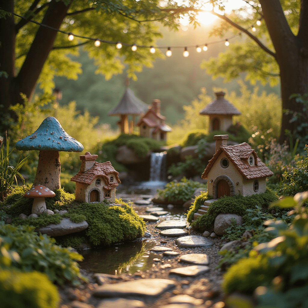 Enchanting outdoor garden at golden hour with handmade clay fairy houses among lush greenery, a winding stone path, a small pond with a waterfall, and twinkling solar-powered fairy lights, all captured from a low angle perspective.