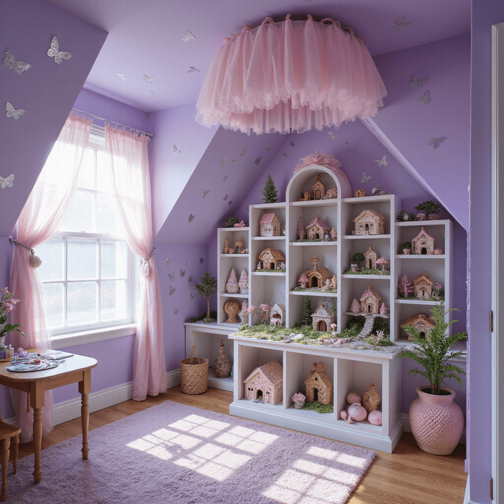 A child's bedroom transformed into a fairy wonderland, featuring a handcrafted fairy village on a bookshelf, soft tulle canopy, lavender walls with hand-stenciled butterflies, a craft table with supplies, and gentle morning light filtering through sheer curtains.