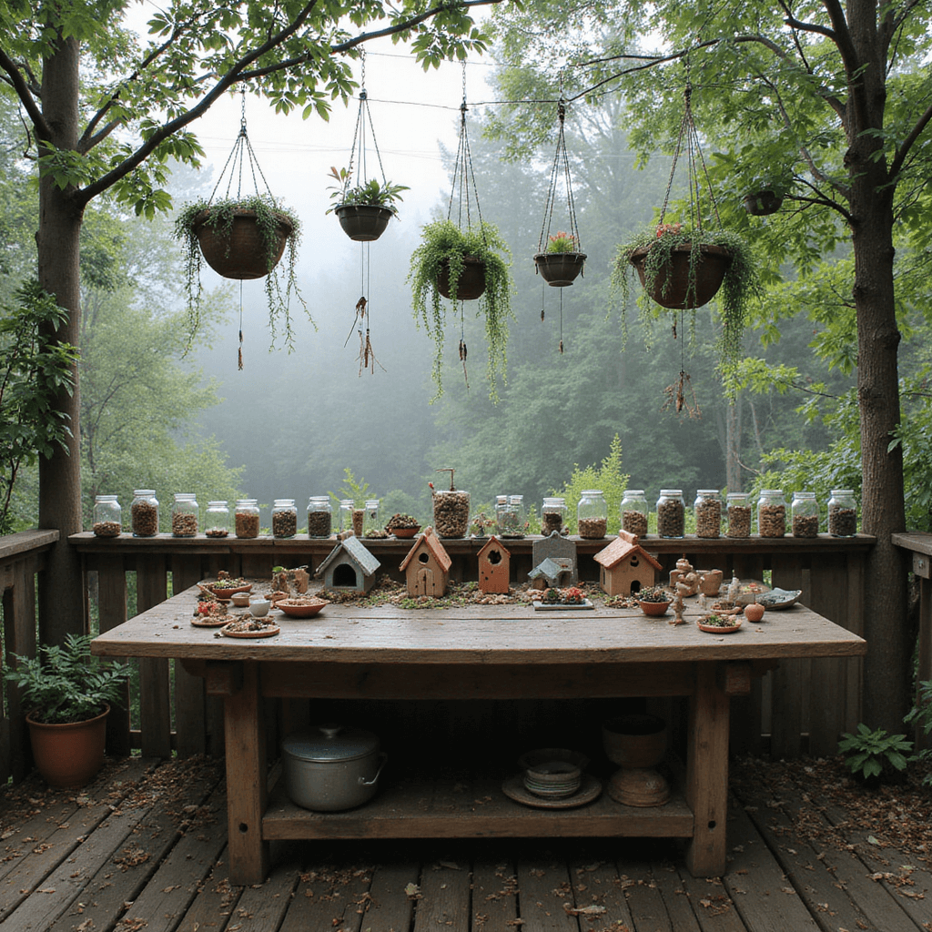 A rustic outdoor workshop on a wooden deck at dawn, featuring a large weathered work table with clay fairy houses, hanging plant baskets, and jars of natural materials, set against a misty forest backdrop.