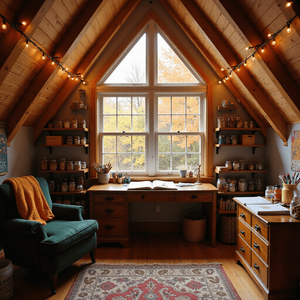 Cozy attic craft room with slanted ceilings and exposed wooden beams, featuring a large dormer window displaying autumn foliage, an antique wooden desk covered in bullet journals and colorful markers, shelves of mason jars, a forest green armchair with an orange throw, and fairy lights casting a warm glow, all in rich earth tones.