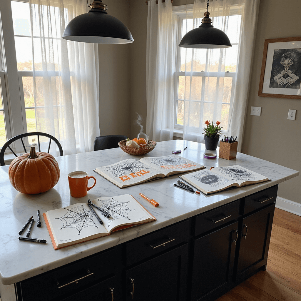 A modern kitchen island with a white marble countertop, transformed into a Halloween bullet journaling station featuring intricate spider web designs in open journals, scattered black fine-liners and colorful markers, a carved pumpkin, and a steaming pumpkin spice latte, all under warm evening light with copper accents.