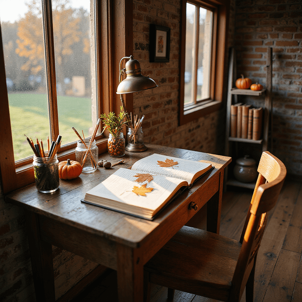 A cozy autumn-themed living room corner with a rustic writing desk, open journals, and natural sunlight illuminating the space.