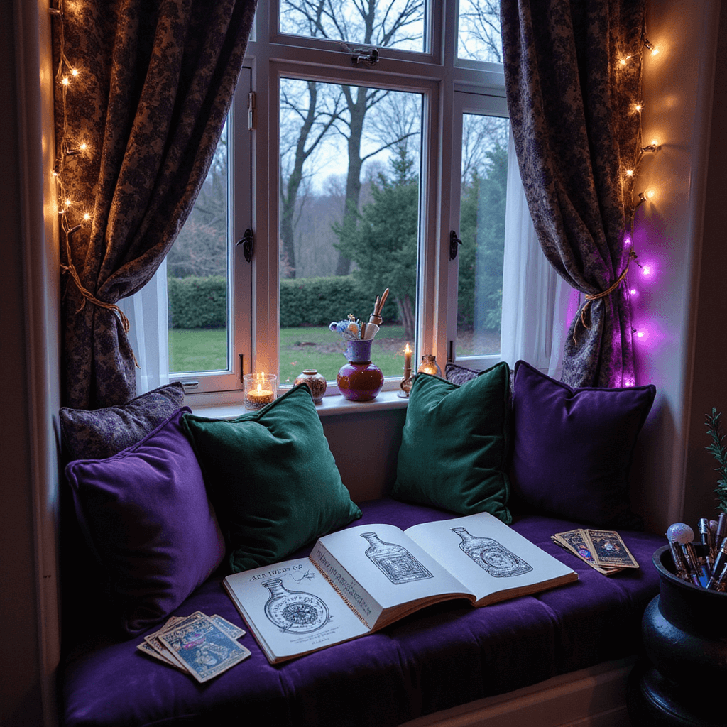 A cozy witchy bullet journal nook in a bay window alcove, featuring velvet cushions, open journals with potion drawings, fairy lights, and mystical decor in deep purples and midnight blues.