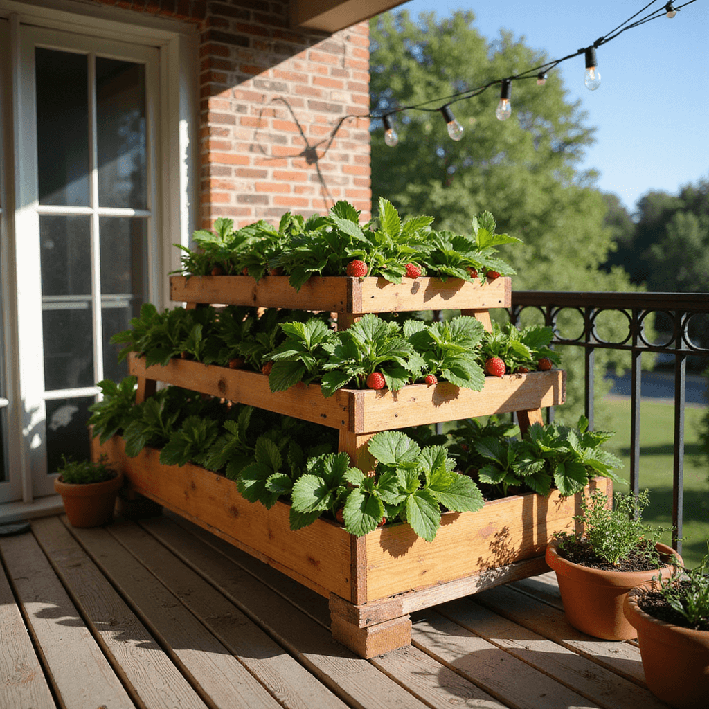 A sunlit balcony featuring a tiered wooden strawberry planter surrounded by terracotta pots of herbs, with a rustic brick wall and wrought iron railing in the background.