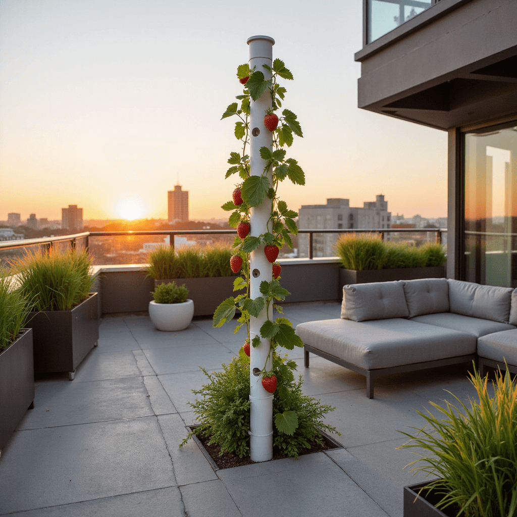A modern rooftop garden at golden hour featuring a central white PVC pipe strawberry tower with lush plants and red berries, surrounded by minimalist metal planters and a gray lounge set, all set against a backdrop of city views and warm sunset light.