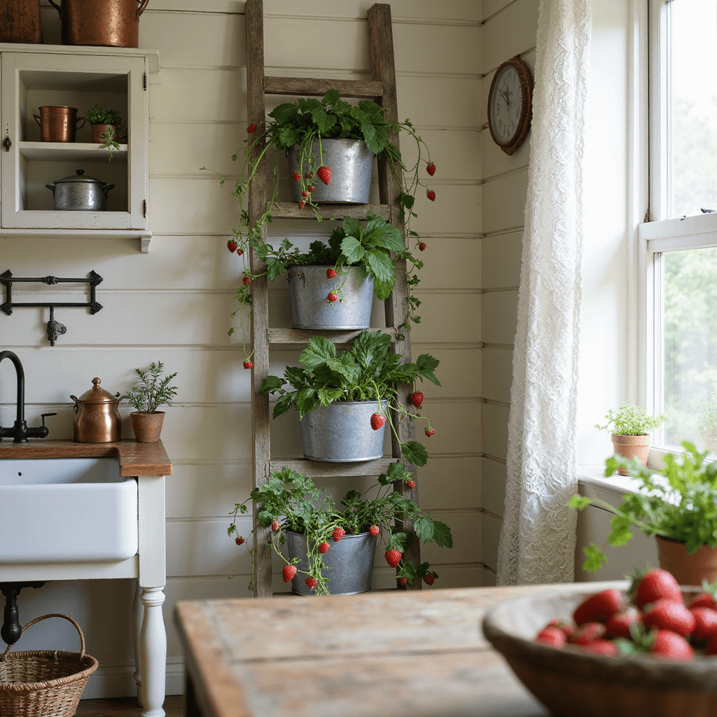 Charming country kitchen with a repurposed wooden ladder as a vertical strawberry planter, featuring creamy shiplap walls, a farmhouse sink, and open shelving; soft afternoon light through lace curtains highlights galvanized metal planters filled with strawberries and trailing vines, with vintage enamelware and a basket of freshly picked strawberries on a worn wooden table.