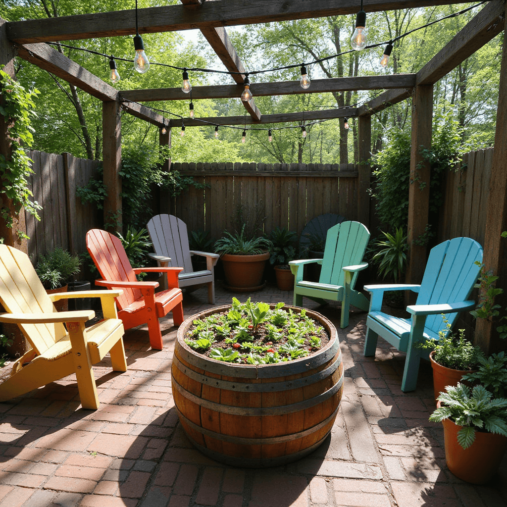 An eclectic outdoor patio with a halved oak wine barrel strawberry planter surrounded by colorful Adirondack chairs, lush greenery, and overhead strings of Edison bulbs, showcasing a vibrant mix of brick and wooden decking.