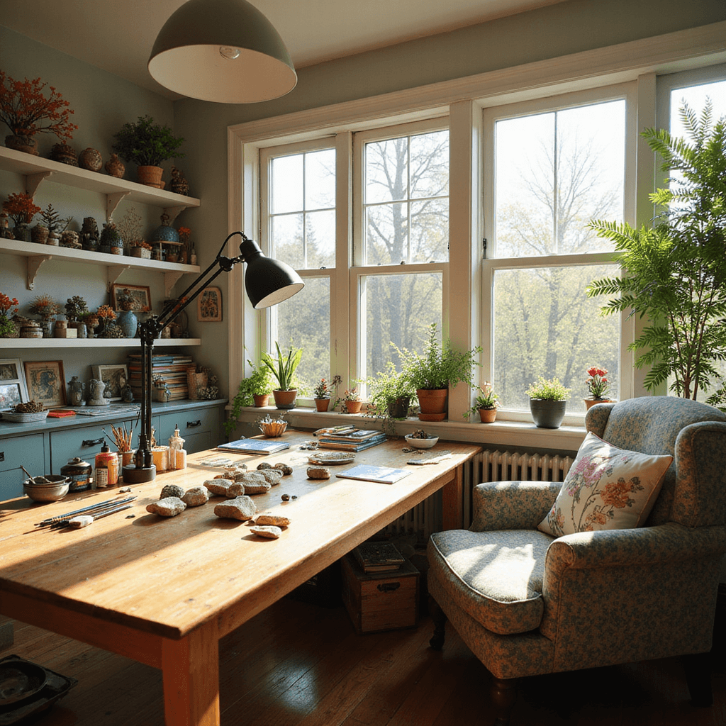 A cozy sunlit craft room featuring large bay windows, a rustic wooden worktable adorned with river rocks and paints, colorful craft supplies on shelves, a floral cushion armchair, and a potted fern, all bathed in warm morning light.