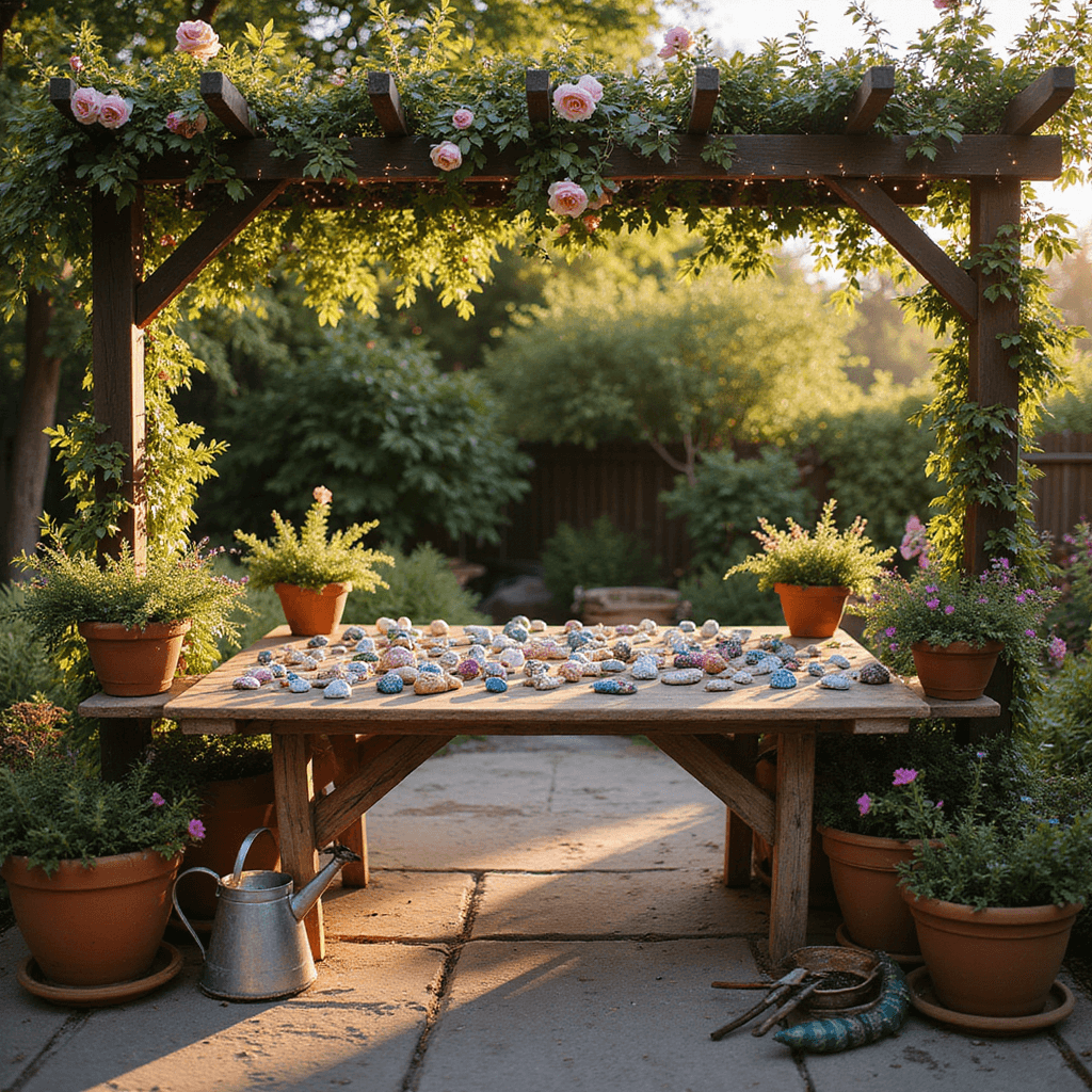 An outdoor patio illuminated by golden hour light, featuring a wooden pergola adorned with climbing roses and fairy lights. In the center, a long farmhouse table is surrounded by painted fairy garden rocks and herb-filled terracotta pots, all set in a warm, vibrant color scheme. Gardening tools and a vintage watering can are nearby, creating a dreamy, enchanted atmosphere.