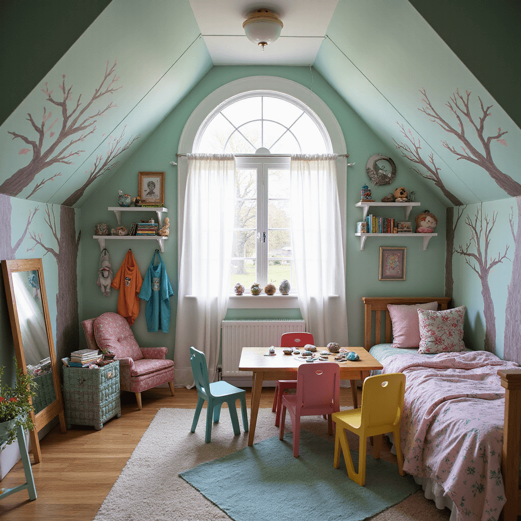 A whimsical child's bedroom with slanted ceilings and a dormer window, featuring a fairy rock painting station by the window, surrounded by colorful child-sized chairs. The room is adorned with mural-painted trees, a treehouse-style canopied bed, and shelves displaying completed rock projects, stuffed animals, and books, all in playful pastel greens, blues, and purples, illuminated by soft afternoon light.
