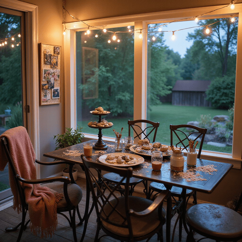 A cozy screened-in porch at dusk, featuring a vintage metal patio set as a crafting area, surrounded by lush backyard garden views. Fairy garden rocks on tiered trays, mason jars with paintbrushes, and a mood board with inspiration photos create a serene, magical atmosphere, enhanced by warm string lights and muted colors with copper and rose gold accents.