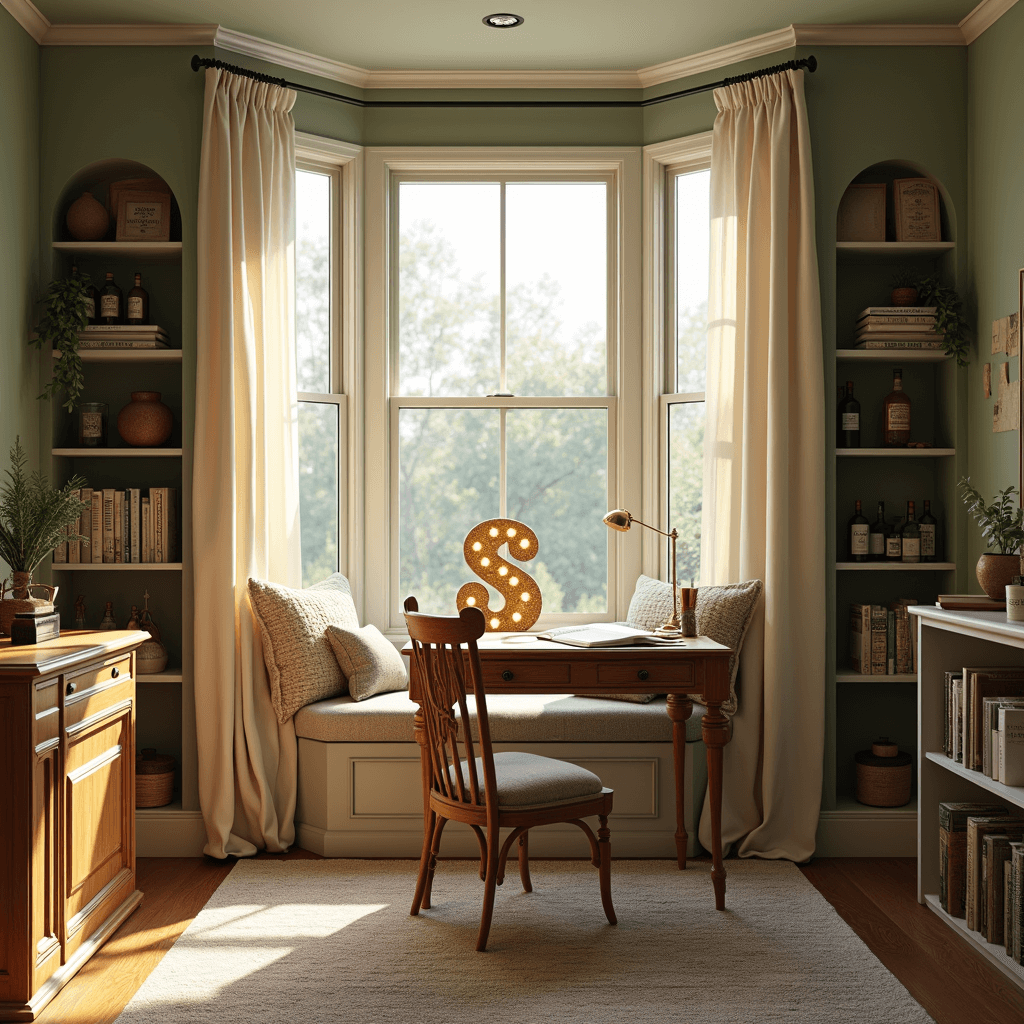 A cozy home office nook with a bay window and window seat, featuring a rustic wooden desk, cork monogram letter with fairy lights, soft sage green walls, cream curtains, bookshelves displaying wine bottles and cork crafts, and a plush area rug in muted earth tones, all bathed in warm afternoon light.