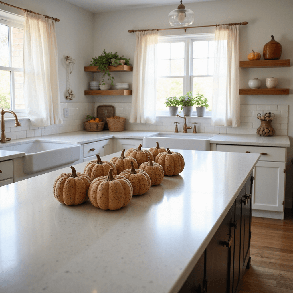 A bright, airy kitchen with white subway tile and quartz countertops features a spacious island adorned with handmade cork pumpkins in various sizes, illuminated by morning sunlight streaming through sheer curtains. Copper accents and warm wood tones enrich the space, while a large farmhouse sink and herb planters are visible in the softly blurred background.