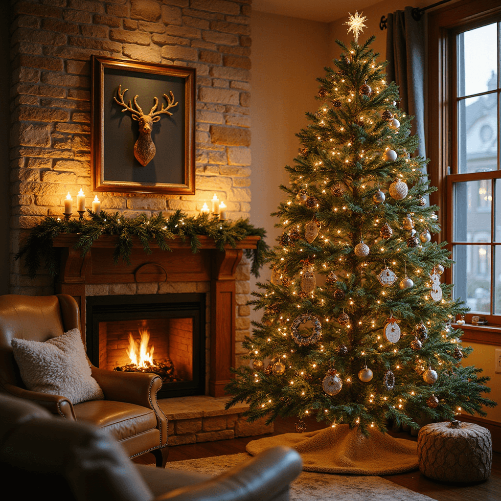 A cozy living room corner featuring a floor-to-ceiling stone fireplace, a 7 ft Christmas tree adorned with handcrafted cork ornaments, twinkling string lights, and plush textures, all captured from a low angle to highlight the festive atmosphere.