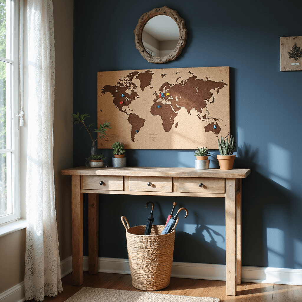 A charming entryway vignette showcasing a reclaimed wood console table against a navy blue wall, featuring a large cork world map with colorful pins, succulent cork magnets on galvanized boards, a round driftwood-framed mirror above, and a woven basket underneath holding umbrellas and a walking stick, all illuminated by afternoon sunlight.