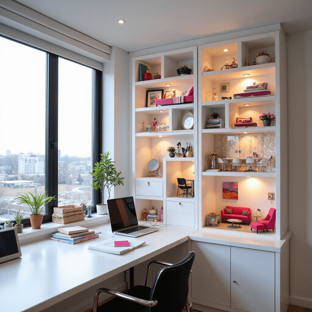 A modern home office corner with floor-to-ceiling windows, featuring a sleek white desk and organized supplies, alongside a custom-built dollhouse structure with white cube shelves displaying Barbie-sized designer furniture and miniature LED lighting, captured in high-key lighting for a bright and contemporary aesthetic.
