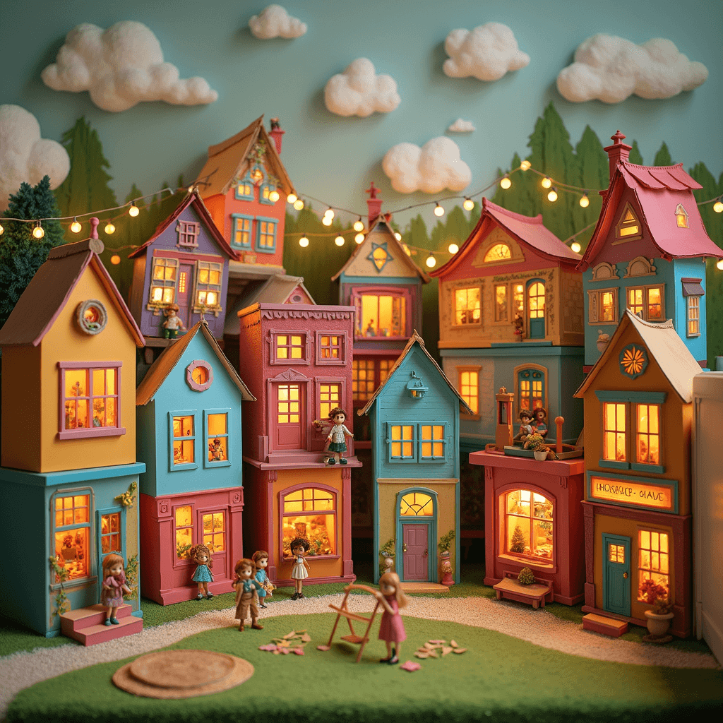 A vibrant child's playroom featuring a multi-level DIY doll village constructed from colorful shoeboxes, handpainted facades, and illuminated by miniature string lights, with a low table park area and various-sized dolls engaging in activities under soft, diffused lighting.