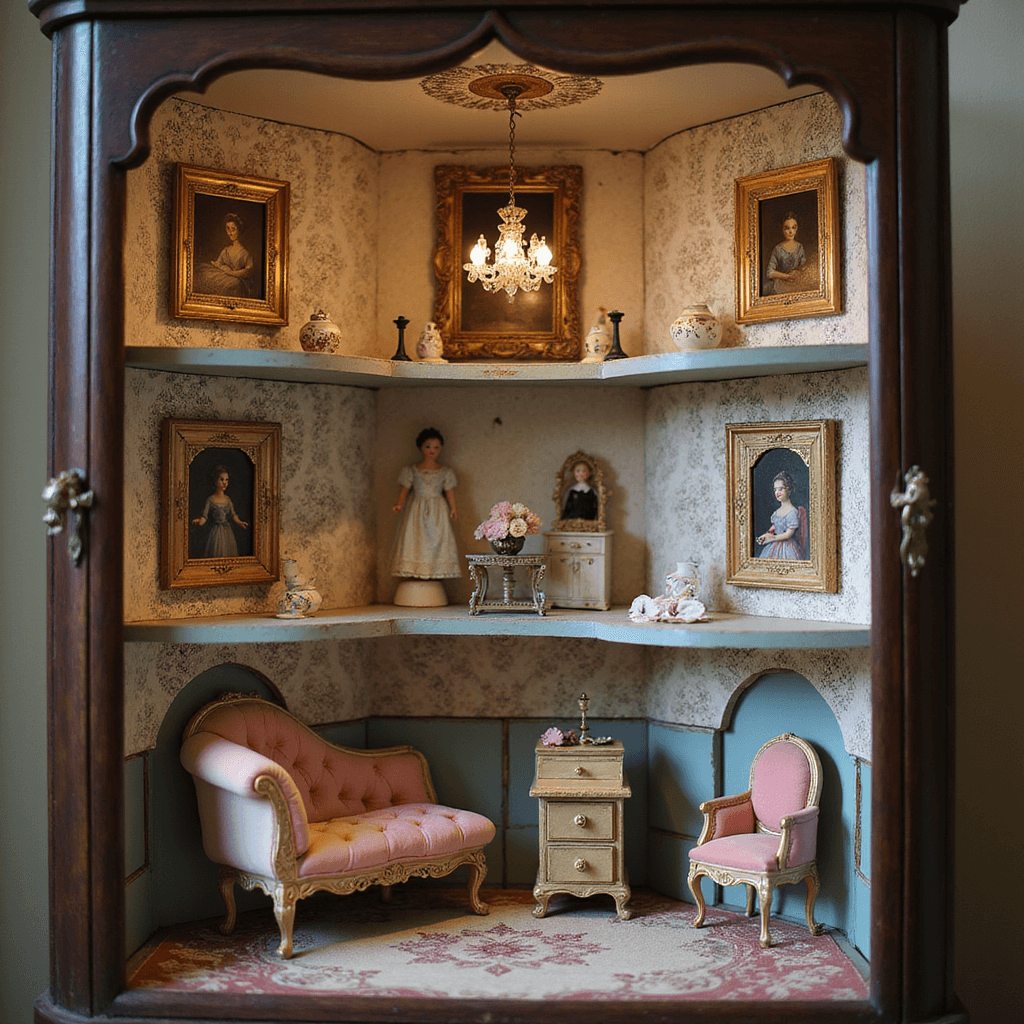 A close-up view of a vintage-inspired doll room within an antique display cabinet, featuring pastel-colored walls, ornate oil paintings, intricately detailed handcrafted furniture, and porcelain dolls in period costumes, all illuminated by soft lighting and accented by a chandelier made from a vintage earring.
