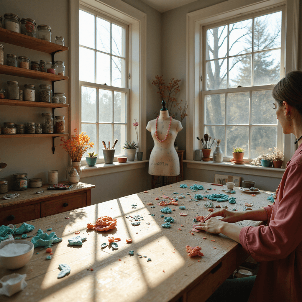 A sunlit craft room filled with colorful air dry clay and tools, featuring a woman’s hands pressing a tiny flower into a clay disk at a long wooden workbench, with shelves of jars and a vintage dress form in the corner.