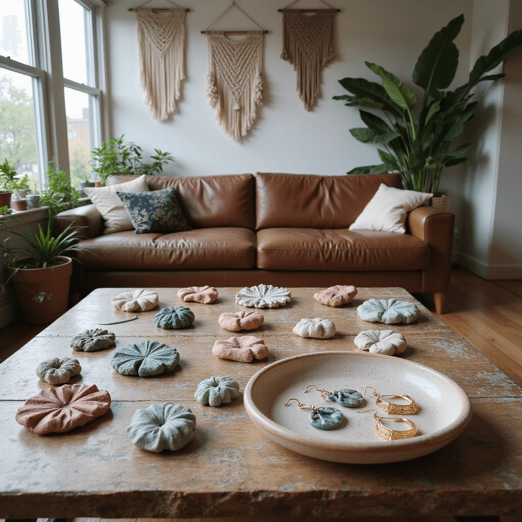 An eclectic living room featuring a low-slung leather sofa and a rustic coffee table adorned with air dry clay projects, set against floor-to-ceiling windows that emit soft morning light. Potted plants and macramé hangings surround the space, while a collection of geometric gem earrings in blush, sage, and gold rests on a ceramic dish, all within a warm, earthy color scheme.
