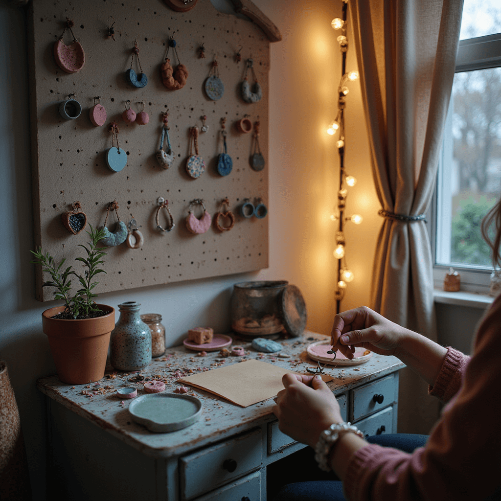 A cozy bedroom nook with a weathered writing desk covered in pastel clay scraps and handmade boho earrings, illuminated by warm string lights at dusk, featuring hands attaching a jump ring to a heart-shaped clay pendant.