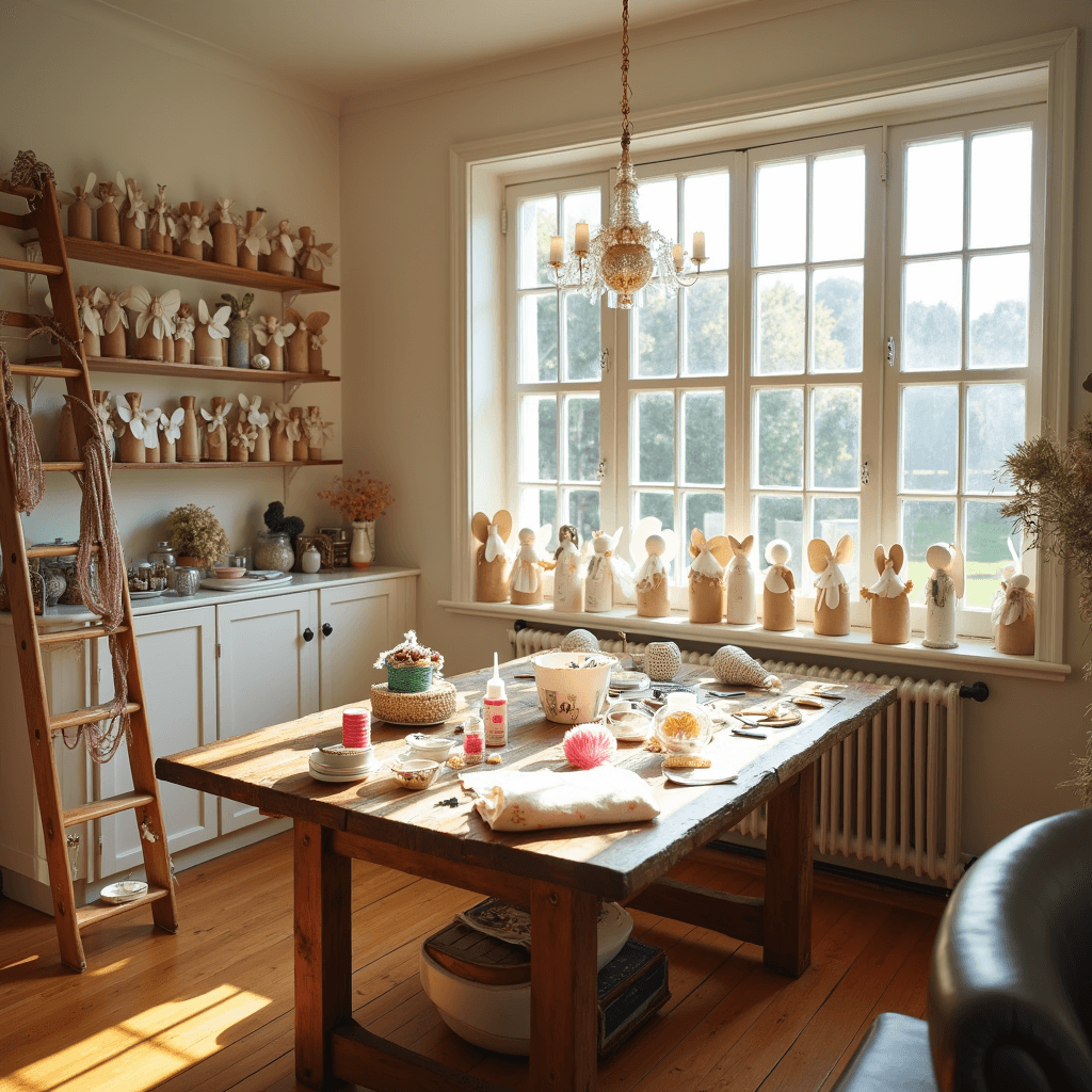 A sunlit craft room filled with DIY angel-making supplies on a rustic wooden table, surrounded by walls of finished paper angels, featuring warm oak floors and cream walls, with colorful ribbons draped from a vintage ladder in the corner.
