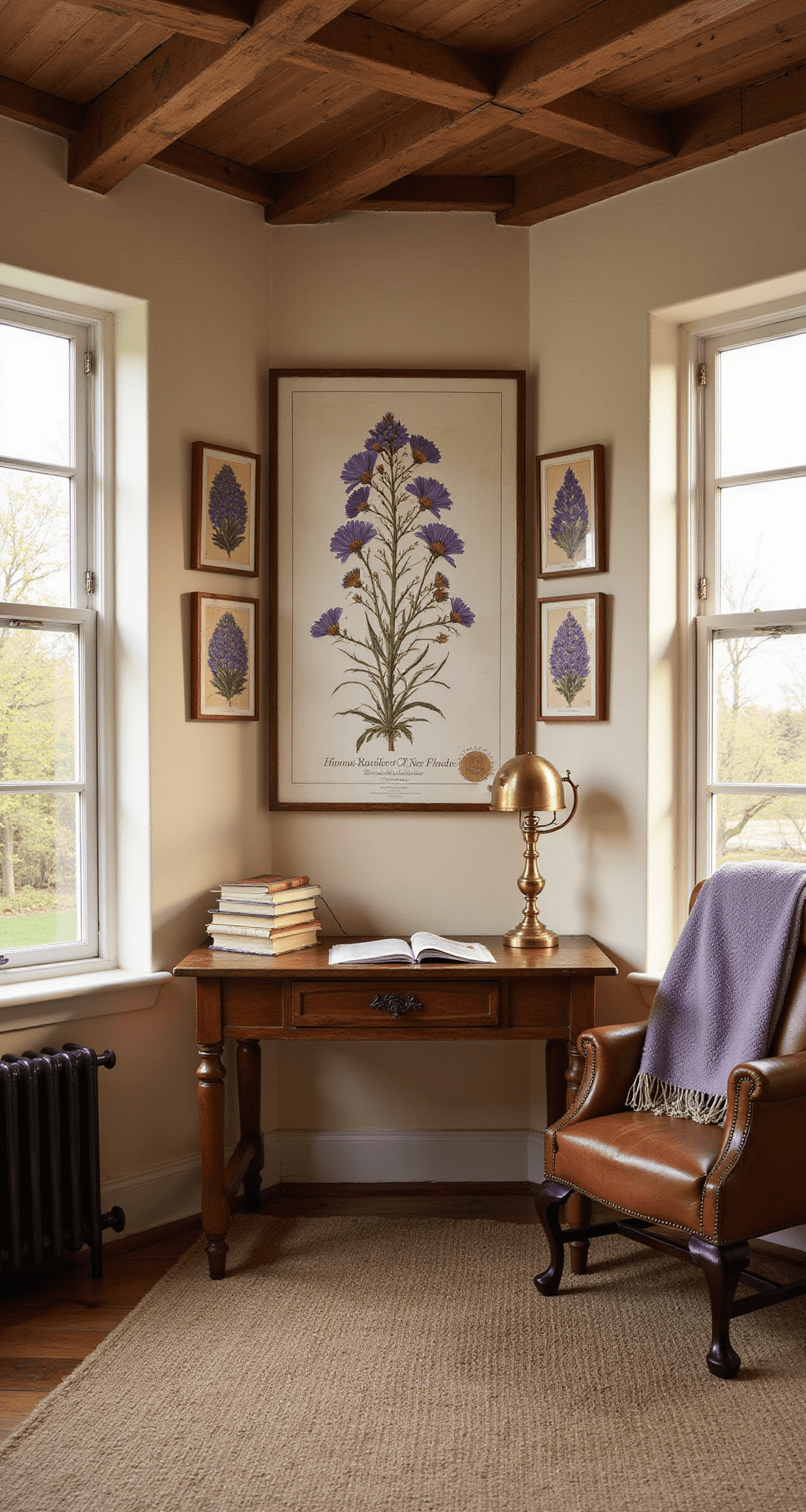 Wide-angle view of a cozy cottage garden study featuring a weathered oak desk, botanical chart, and vintage pressed flower frames, bathed in warm golden hour sunlight with rustic wooden beams and a warm ambiance from soft practical lamps.