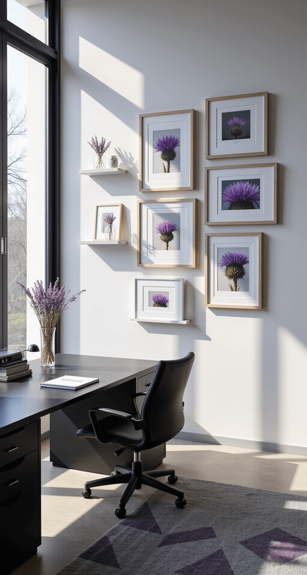Modern minimalist home office with floor-to-ceiling windows, featuring a gallery wall of purple thistle photographs, a matte black desk, ergonomic chair, and floating shelves with dried flowers, all set against a backdrop of white walls and a geometric rug on a concrete floor.