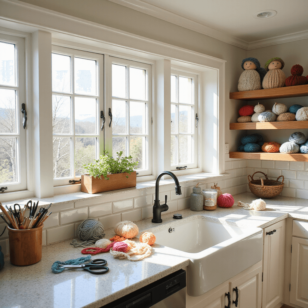 A bright modern farmhouse kitchen featuring an island countertop covered in yarn, scissors, and partially completed yarn angels, with open shelving displaying finished angels. A large farmhouse sink sits below a window with an herb garden, and the space is enhanced by sunlight streaming through the windows, showcasing the textures of the yarn. The kitchen has a fresh, airy feel with white and cream accents, complemented by pops of colorful yarn.