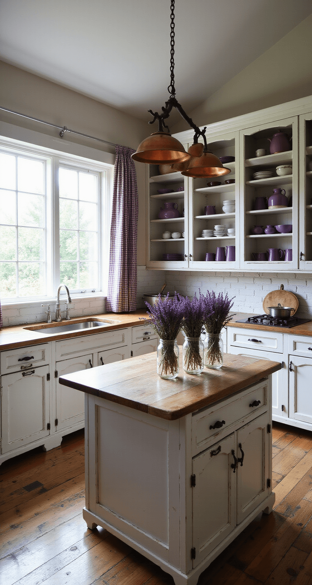 A low-angle view of a rustic farmhouse kitchen featuring vaulted ceilings and late afternoon light filtering through gingham curtains, with distressed white cabinets and open shelving showcasing purple pottery and enamelware. A central butcher block island holds fresh and dried purple herbs in mason jars, with copper pots hanging from a ceiling rack and a whitewashed brick backsplash, creating a warm and homey atmosphere.