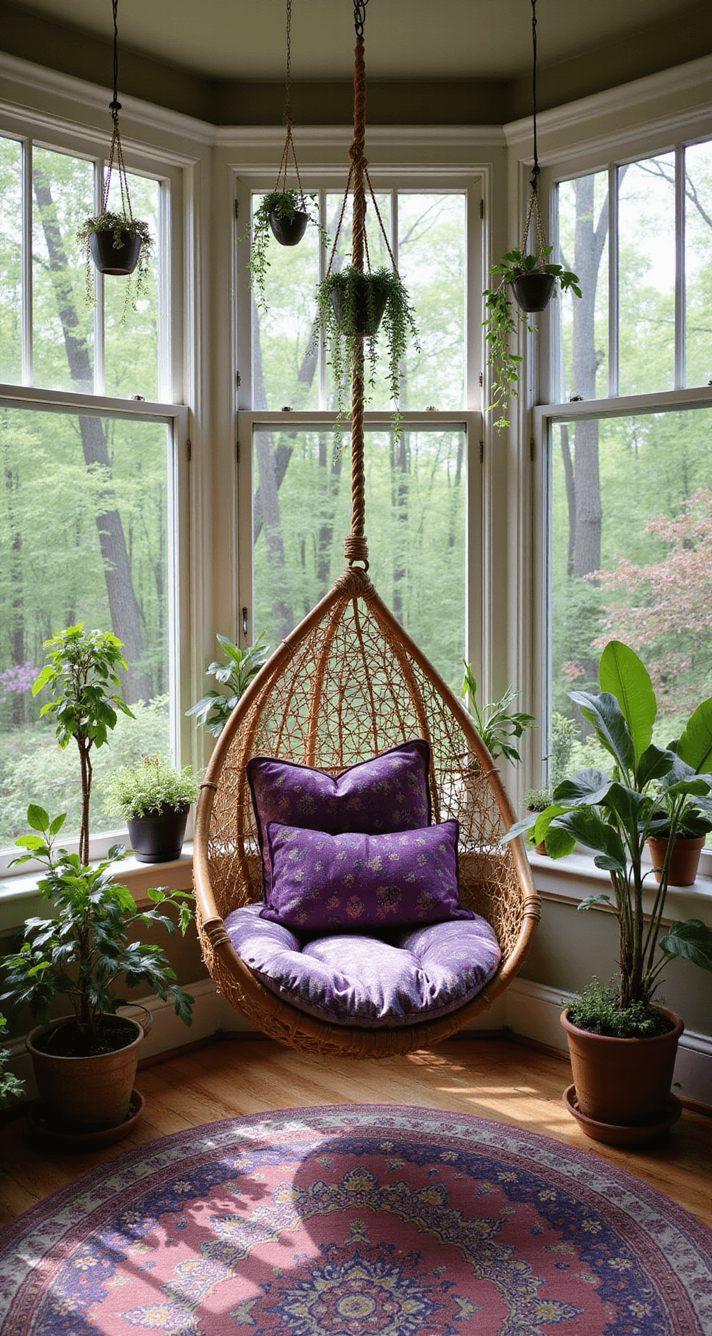 A vibrant Bohemian sunroom with wrap-around windows, showcasing midday sunlight creating dappled patterns. A rattan hanging chair adorned with purple batik cushions sits amidst potted wild violets and creeping charlie in macramé holders. Layered vintage Persian rugs in purple and gold tones cover the floor, while glass terrariums with trailing plants hang from the ceiling. The shot is taken straight-on at seated height, highlighting the seamless indoor/outdoor flow of the space.