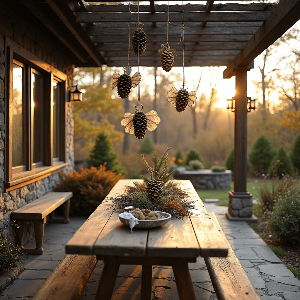 A rustic outdoor patio with stone flooring at golden hour features a large wooden table adorned with pinecones, paint, twigs, and craft supplies. Finished pinecone angels hang from a pergola, surrounded by a garden with autumn foliage. A low-angle view captures hands crafting and the gentle sway of the angels, all in warm earthy tones with white accents.