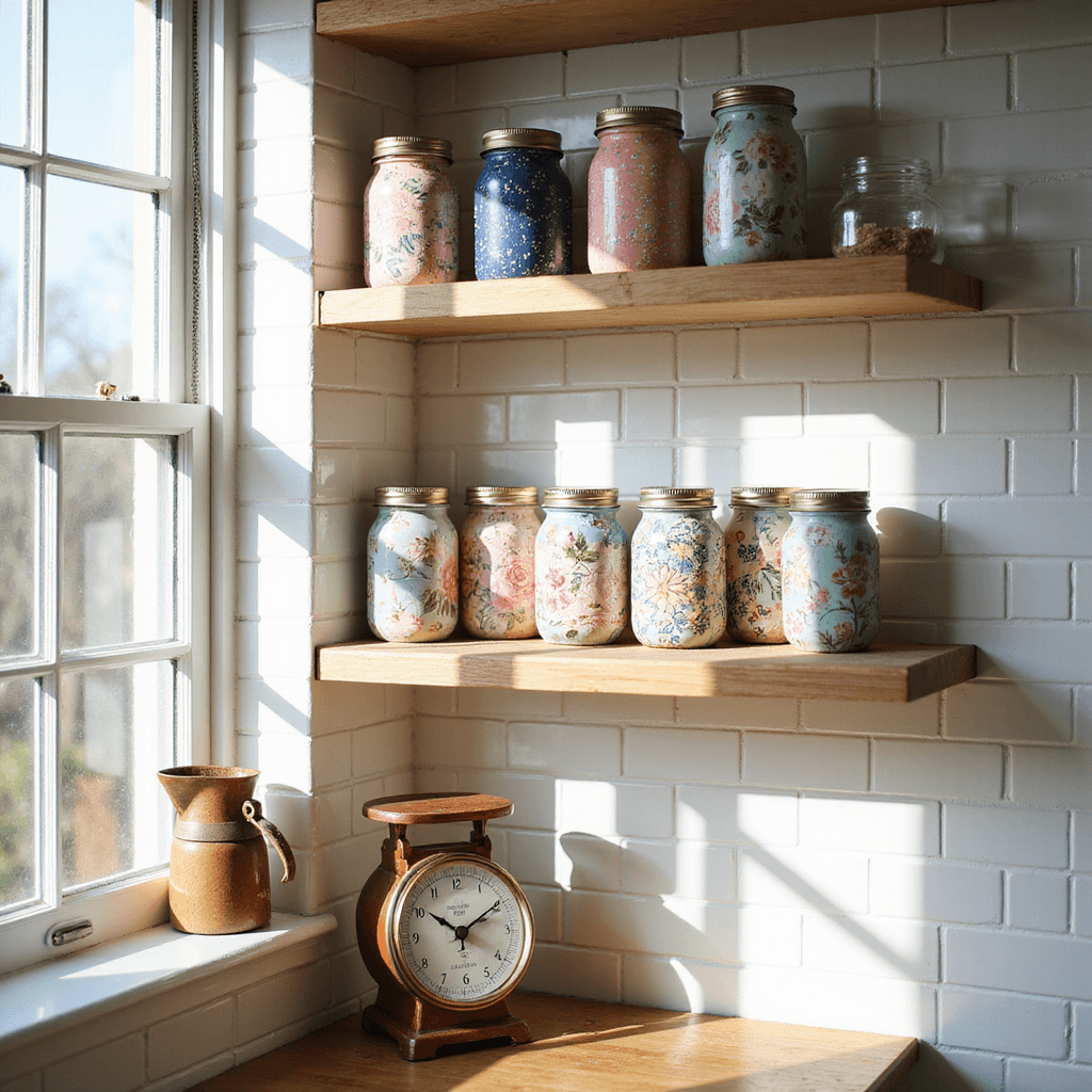 A sunlit kitchen corner features decoupaged Mason jars on open shelves, showcasing vibrant floral and nautical patterns. The jars are filled with crafting supplies and bathroom essentials, organized by color. A vintage scale and enamel pitcher complement the cheerful scene, with warm natural light enhancing the inviting atmosphere.