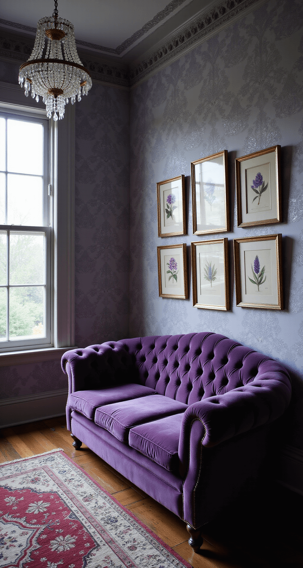 A cozy Victorian parlor featuring ornate crown molding, a deep purple velvet chesterfield sofa against silver and lavender damask wallpaper, and a crystal chandelier. The twilight blue hour casts subtle shadows, illuminating a collection of antique botanical prints with purple flower specimens, all viewed from a corner angle to highlight the room's architectural details and textures. The mood is romantic and historical.
