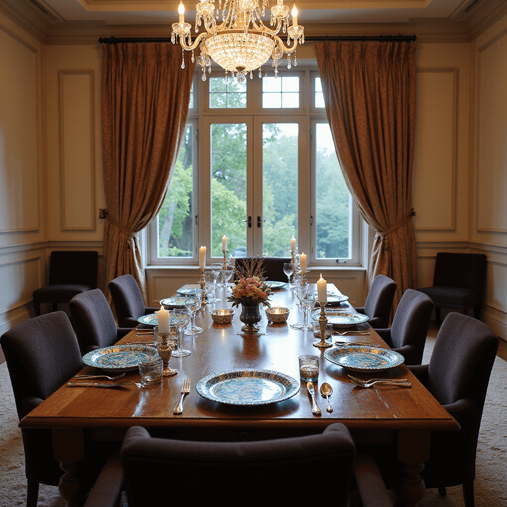 An elegant dining room set for a festive gathering, featuring a grand table with reverse-decoupaged clear glass plates and rich jewel tones, surrounded by deep velvet chairs. A crystal chandelier sparkles above, while candles in mercury glass holders cast a warm glow. The space has coffered ceilings, wainscoting, and a large bay window filtering soft evening light.