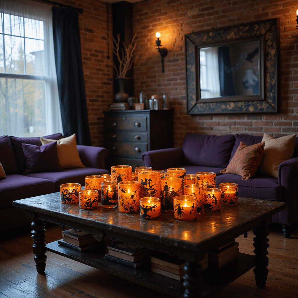 A cozy Halloween-themed living room with exposed brick walls and hardwood floors, featuring glowing handcrafted decoupaged votives on a rustic coffee table, surrounded by vintage books and faux cobwebs, all enveloped in dim dusk light.