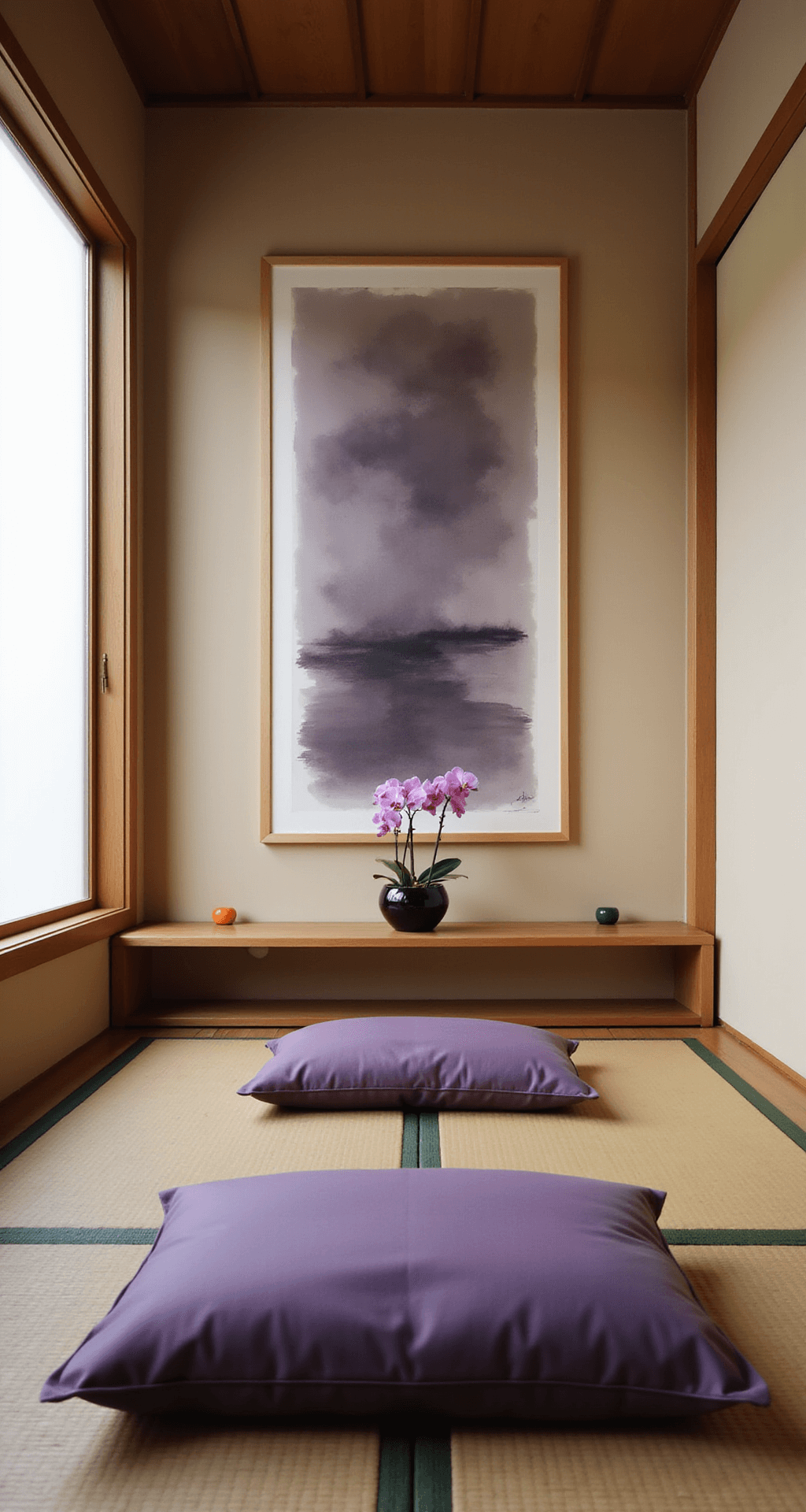 A serene Zen meditation room measuring 12x12ft, featuring shoji screens and soft morning light filtering through rice paper. The room includes low platform seating with purple zabuton cushions, a minimal altar with a single purple orchid in a black ceramic vessel, bamboo mat flooring, and an abstract purple and gray ink painting on the main wall, captured at traditional seated height to emphasize horizontal lines.