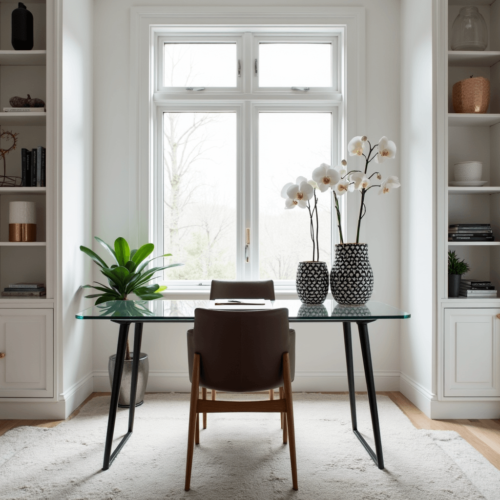 A serene minimalist home office with floor-to-ceiling windows, a modern glass desk, and sleek white built-ins. Decorated with black and white geometrically decoupaged vases, a single orchid, and rose gold accents, the space features a plush rug and leather chair, all bathed in bright, diffused morning light.