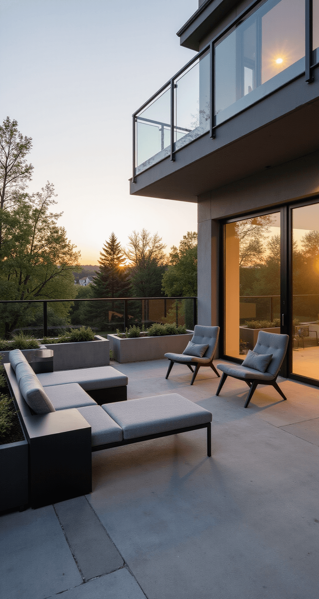 A low-angle view of a modern minimalist patio at golden hour, featuring a 12x18 ft concrete terrace with sleek glass railings, matte black metal furniture including a low-profile L-shaped sofa and geometric accent chairs, minimalist concrete planters with architectural succulents, and cool grey cushions. Strategic LED floor lighting casts long shadows, highlighting ultra-clean lines and sunset reflections on glass surfaces.