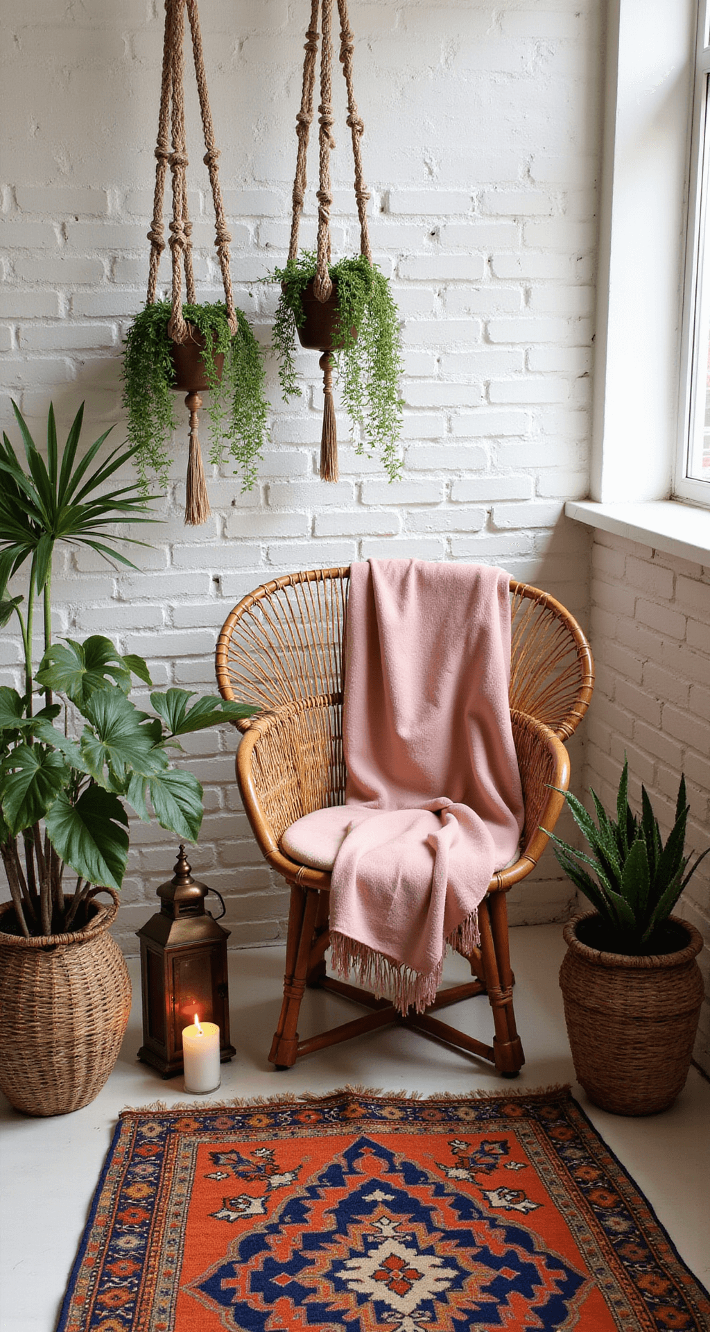 A cozy bohemian balcony featuring a rattan peacock chair draped in a pink Moroccan throw, surrounded by macramé plant hangers with pothos and string of pearls, layered vintage kilim rugs, and brass lanterns with LED candles, all under natural mid-morning light against a whitewashed brick wall.