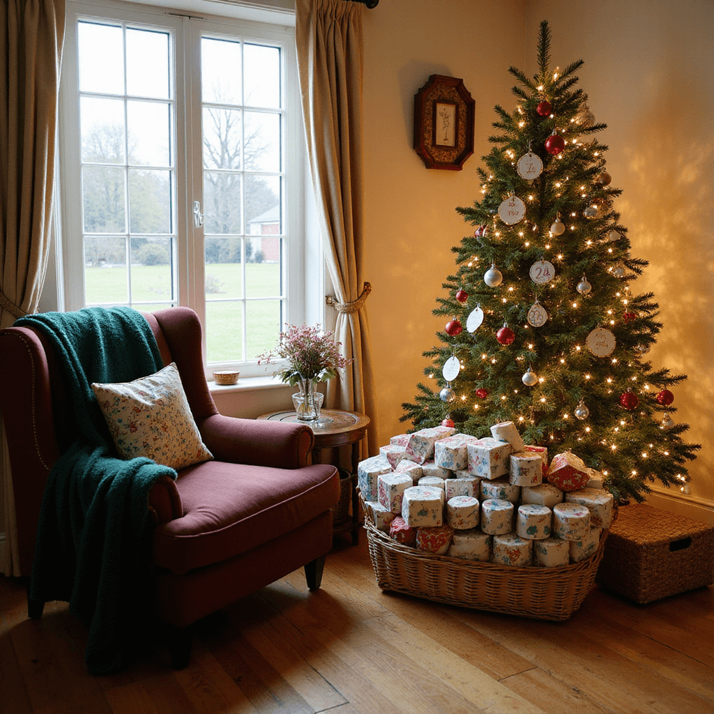 Cozy living room corner with a 7-foot Christmas tree adorned with lights and ornaments, a pyramid of wrapped books numbered 1 to 24 in a woven basket, warm oak floors, cream-colored walls, a plush burgundy armchair with a forest green throw blanket, all bathed in soft afternoon light.