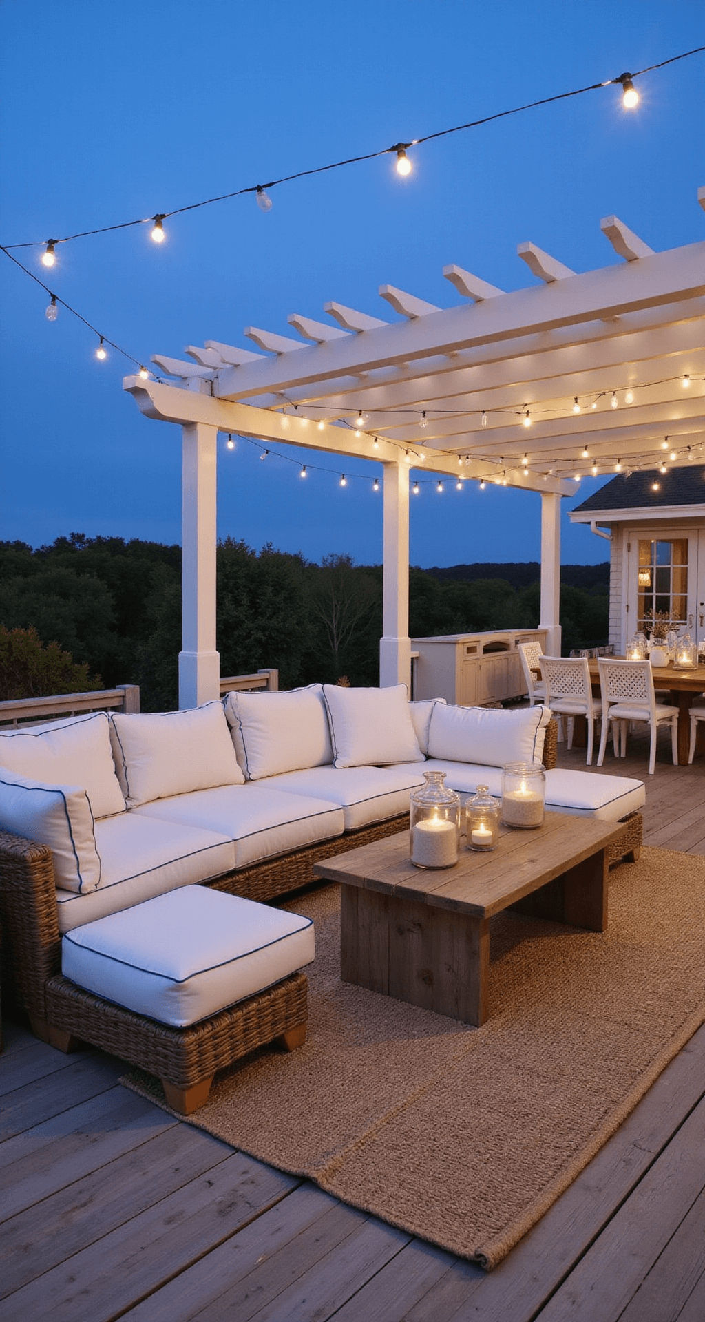 Coastal chic terrace at blue hour featuring a weathered wood deck, white pergola, oversized linen sofa with navy piping, rope-wrapped side tables, and a casual teak dining set styled with glass hurricanes and string lights overhead, creating a serene ocean-inspired ambiance.