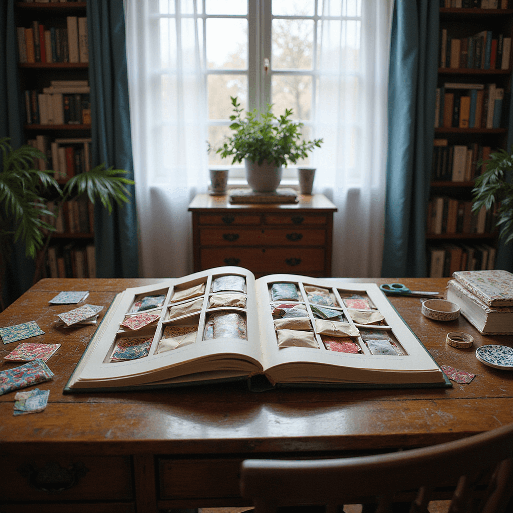 An overhead shot of an eclectic home office featuring a vintage wooden desk illuminated by early morning light. The desk holds an open photo album repurposed as a book advent calendar, showcasing intricately crafted pockets filled with festive envelopes. Surrounding the desk are craft supplies like washi tape and scissors, with deep blue, rich brown, and metallic gold tones enhancing the cozy atmosphere.
