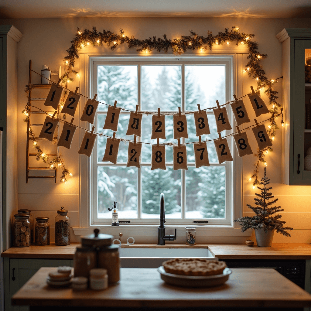 A cozy farmhouse-style kitchen at dusk, featuring shiplap walls, a large window with a view of snow-dusted pines, a DIY advent calendar of 24 burlap sachets hanging from jute twine, a kitchen island with vintage cookie jars and a freshly baked pie, all illuminated by warm string lights.