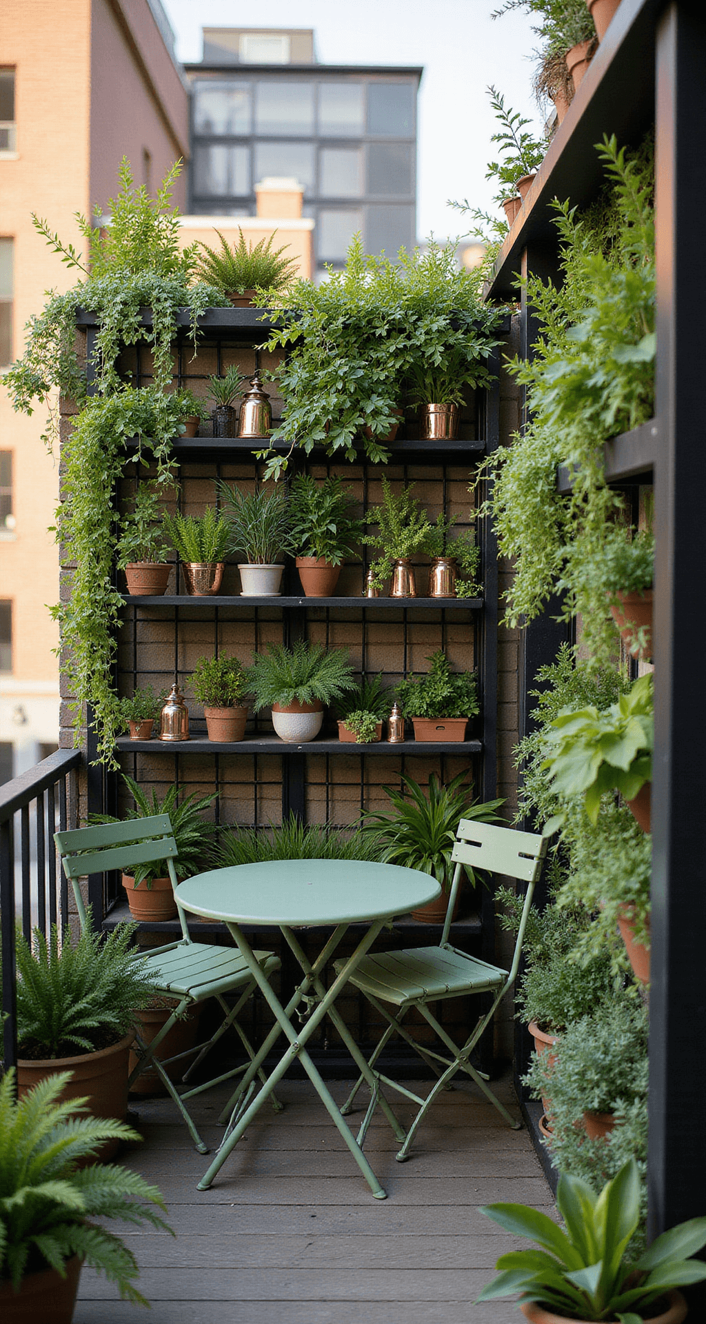 A vibrant vertical garden on a 6x10 ft urban balcony at sunset, featuring a metal grid wall filled with ferns, air plants, and trailing vines, complemented by a sage green foldable bistro set, copper lanterns on floating shelves, and a mirror-backed herb garden reflecting golden light.