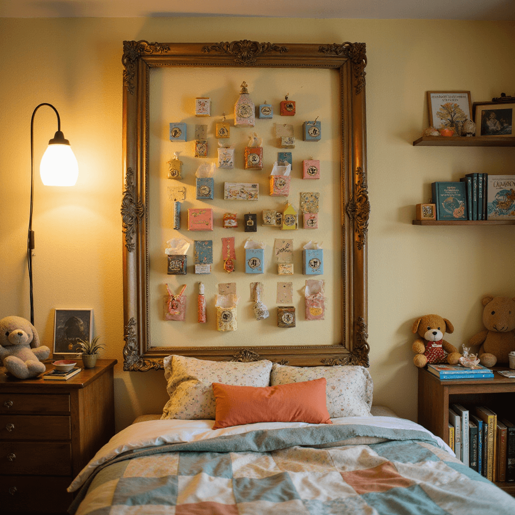 A whimsical child's bedroom with a vintage picture frame on the yellow wall, displaying an interactive advent calendar filled with colorful boxes and matchboxes. A twin bed with a patchwork quilt is in the foreground, accompanied by a wooden toy chest and a bookshelf of children's classics. Soft lighting creates a dreamy atmosphere, perfect for bedtime stories.