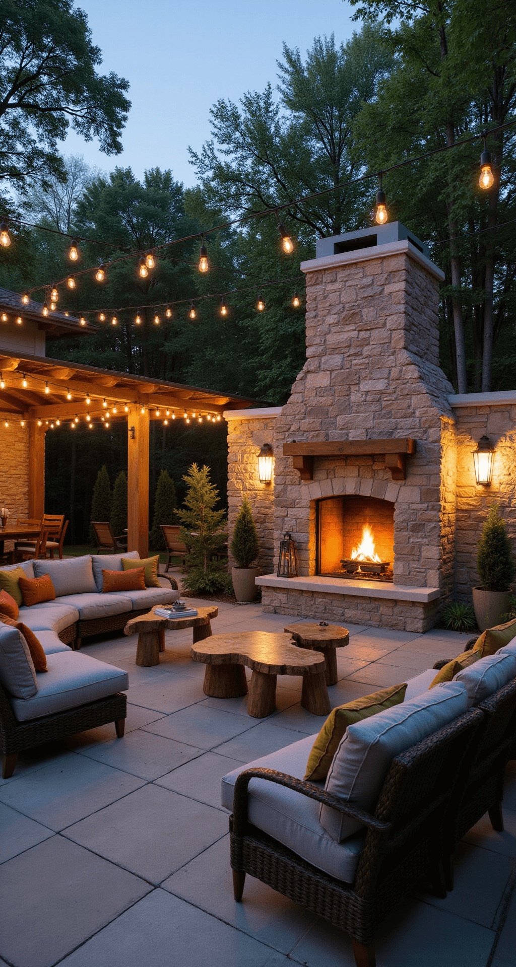 Evening patio view featuring a 20x25 ft stamped concrete area with a stone fireplace, illuminated by copper string lights and modern sconces. Cozy sectional seating in performance grey fabric with rust and olive accents surrounds organic-shaped coffee tables, all bathed in warm white light for a inviting ambiance.