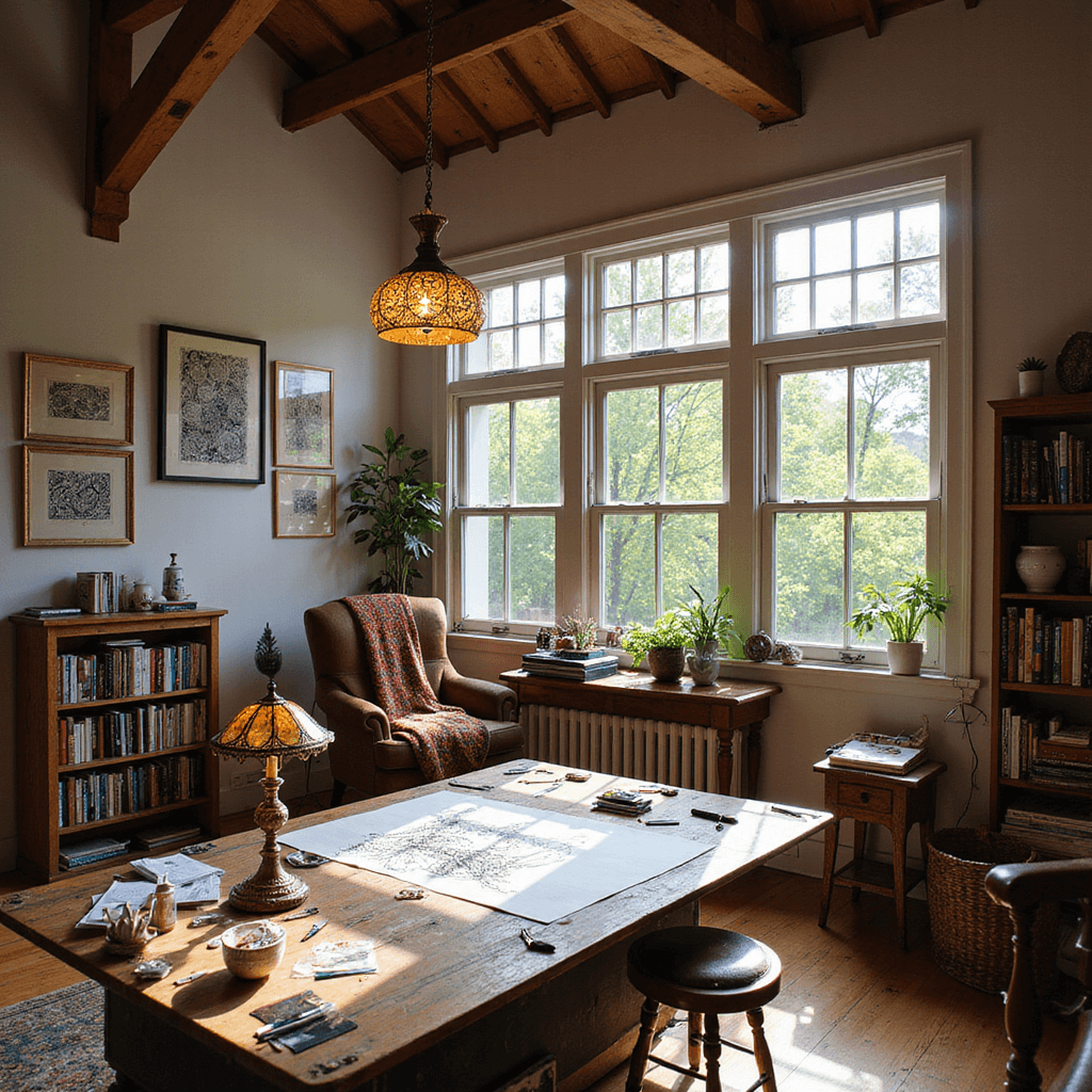 A sunlit artist's studio with vaulted ceilings, featuring a rustic drafting table covered in pens and zentangle designs, surrounded by bookshelves filled with art books, a vintage leather armchair with a colorful throw, and framed zentangle artworks on the walls.