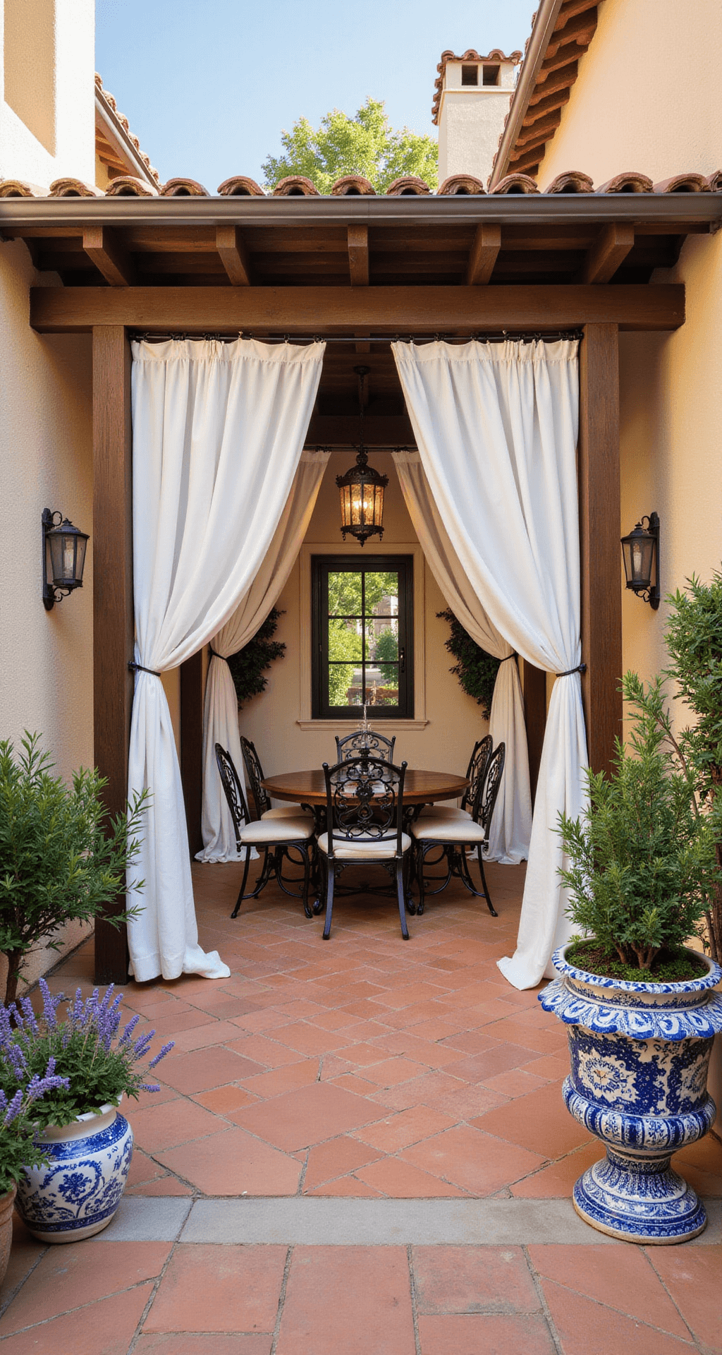 Mediterranean courtyard with terracotta tiles, stucco walls, and a wrought iron dining set under a pergola draped with white curtains, featuring blue and white ceramic planters with citrus trees and lavender, and a mosaic fountain in the background.